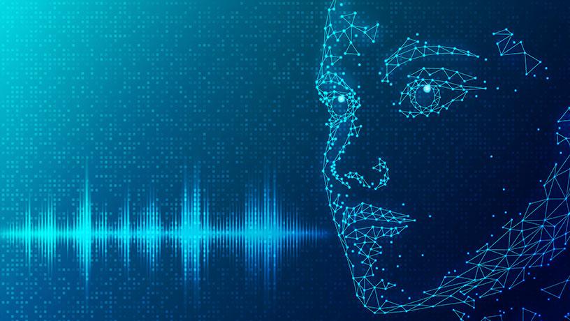 Illustration of digitized face with speech waveform