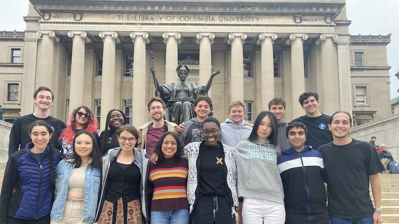 Students in the Columbia Space Initiative posing for a photo outside Low Library