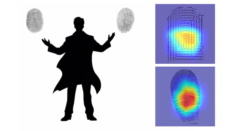 A silhouette wearing a trench coat holds up their arms. Unique fingerprints sit above each hand. On the right, a heatmap highlights the the fingerprint's central curvature.
