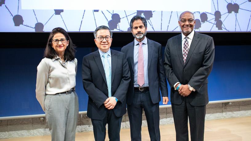 Columbia University President Minouche Shafik, Columbia Engineering Dean Shih-Fu Chang, Knight First Amendment Institute Executive Director Jameel Jaffer, and Columbia Interim Provost Dennis Mitchell posing for a photo on stage