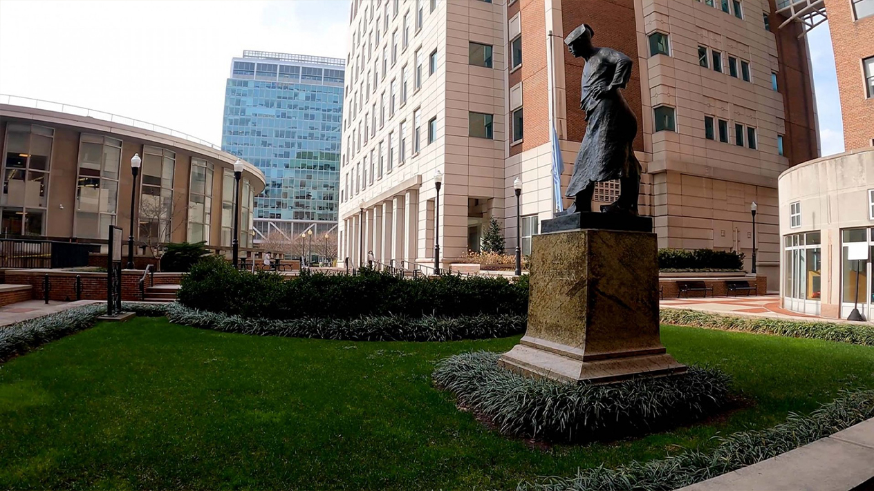 A statue in front of a campus building