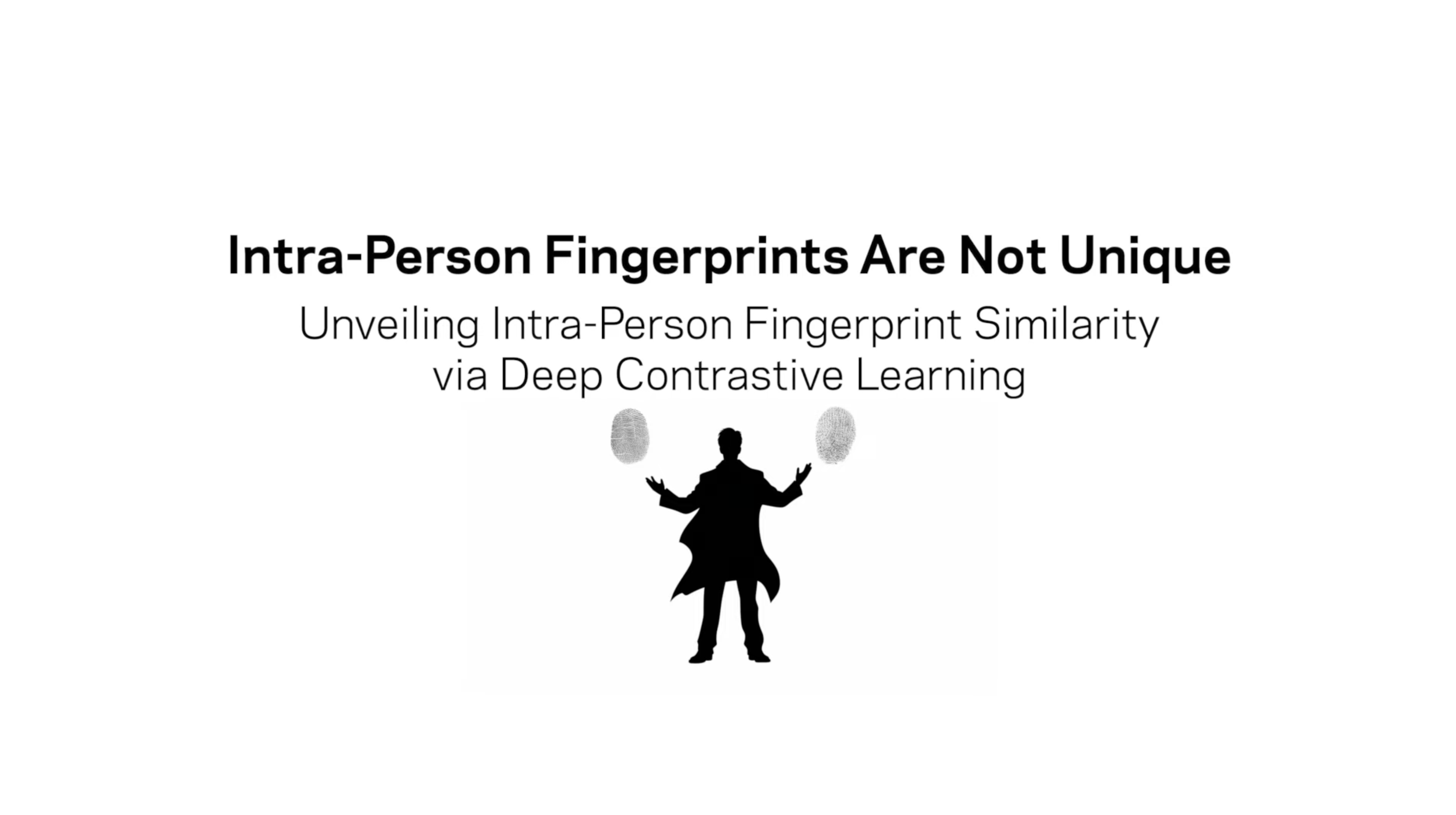 A silhouette wearing a trench coat holds up their arms. Unique fingerprints sit above each hand.