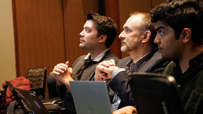 Judges, left to right: Patrick Blute, director of Sustainability and ESG at Transfix; Hugh Thomas, assoc. director IDE; Vijay Krishnan, co-founder and CEO of Verde Finance