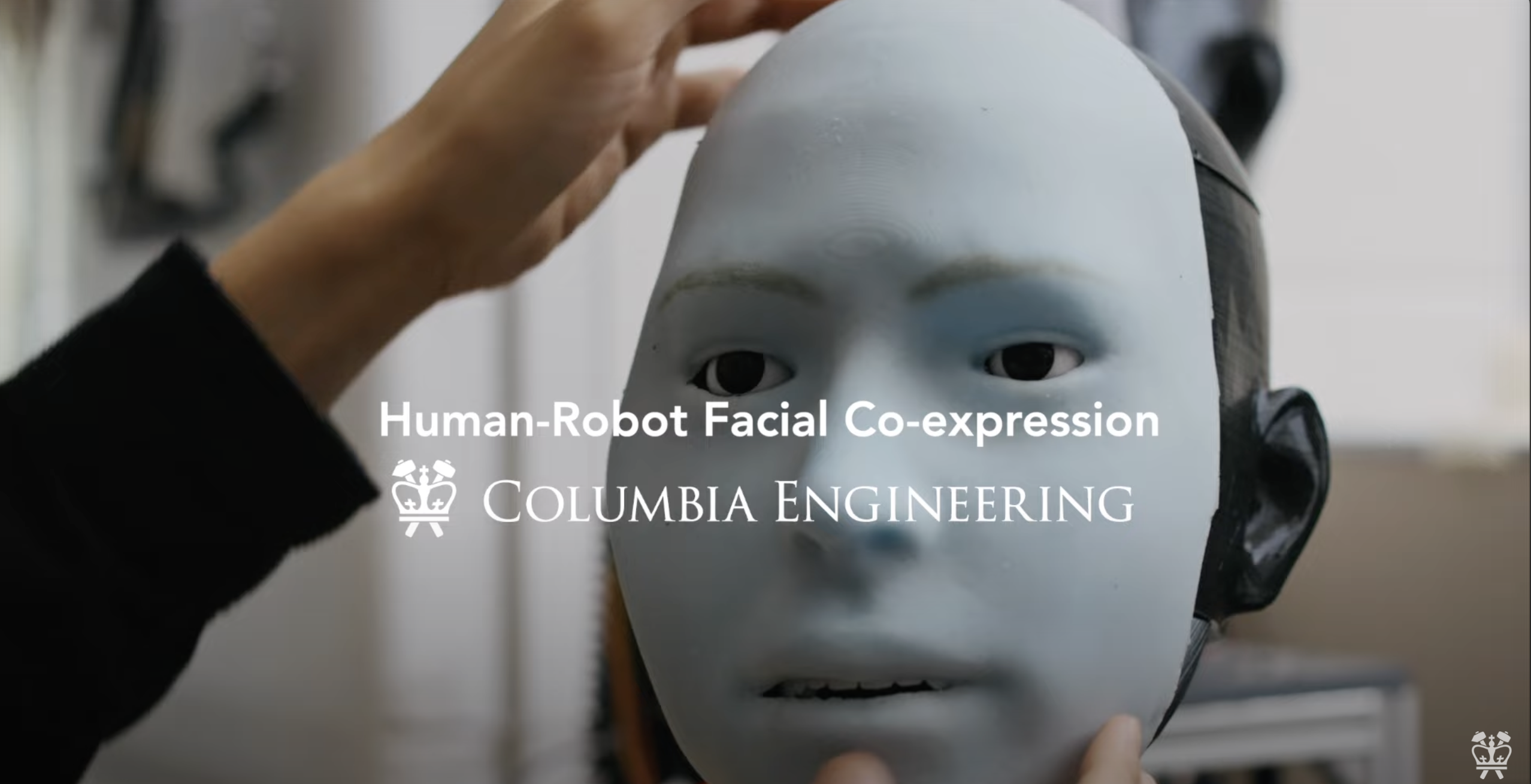 Video thumbnail for Human-Robot Facial Co-Expression at Columbia Engineering showing humanoid robot face.