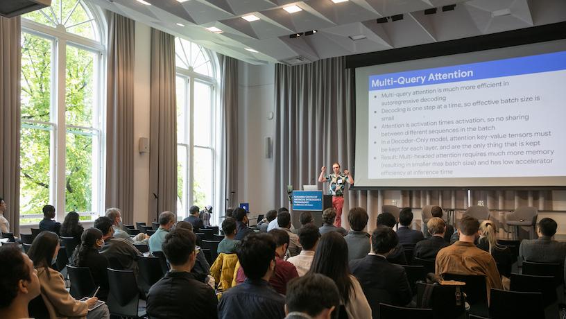 Google research scientist Jacob Delvin presents to the audience at the 2022 Columbia Center of Artificial Intelligence Technology symposium.