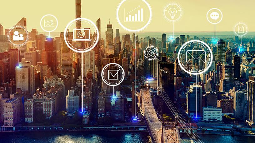 A high tech city scape with tech icons overlayed