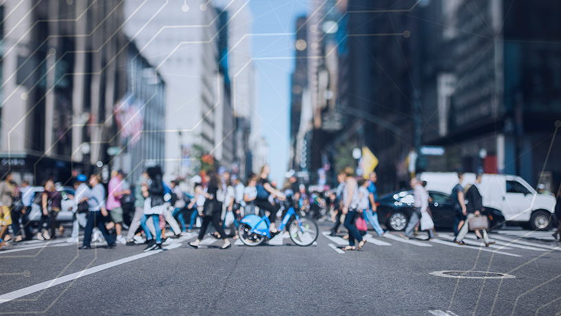 An image of people walking and bicyclists
