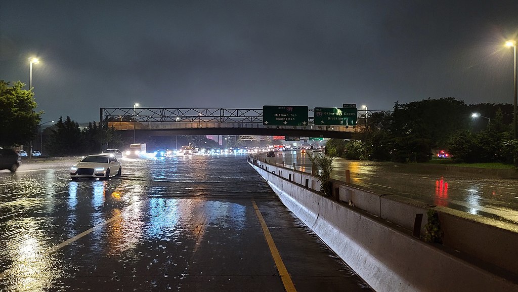 Flash flooding on the Long Island Expressway from Hurricane Ida,