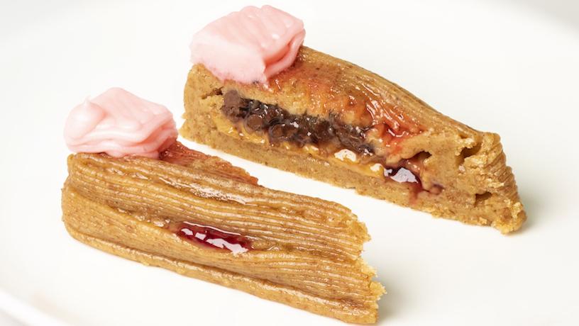   3D-printed cheesecake using edible food inks, including peanut butter, Nutella, and strawberry jam