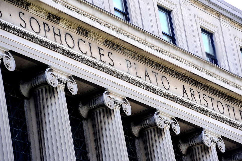 Butler Library facade that reads "Sophocles, Plato, Aristotle"