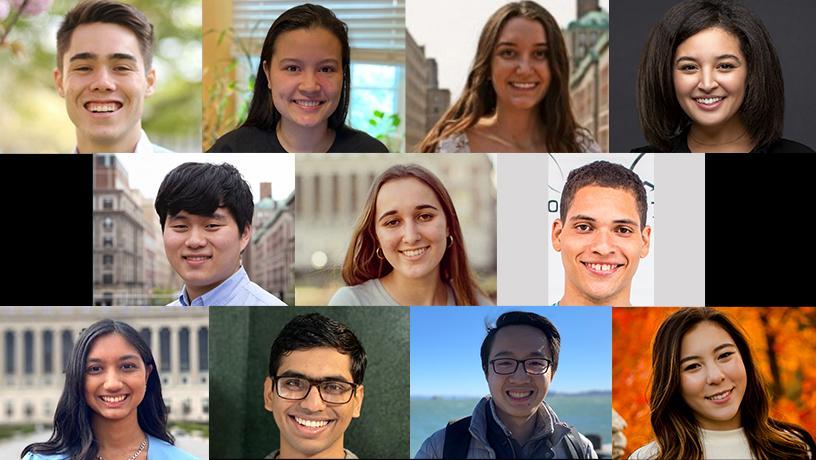 Top row (L-R): Cole James Allan ’21, Christine Ye Shu Blackshaw ’21, Sarah Hancock ’21, Ayah Hassan ’18. Middle row (L-R): Joseph T. Lee ’21, Isabella Leite ’22, Kaylo Littlejohn ’20. Bottom row (L-R): Anushka Murthy ’22, Amey Praveen Pasarkar ’22, Yongpeng Tang ’18, Miranda Wang ’22.