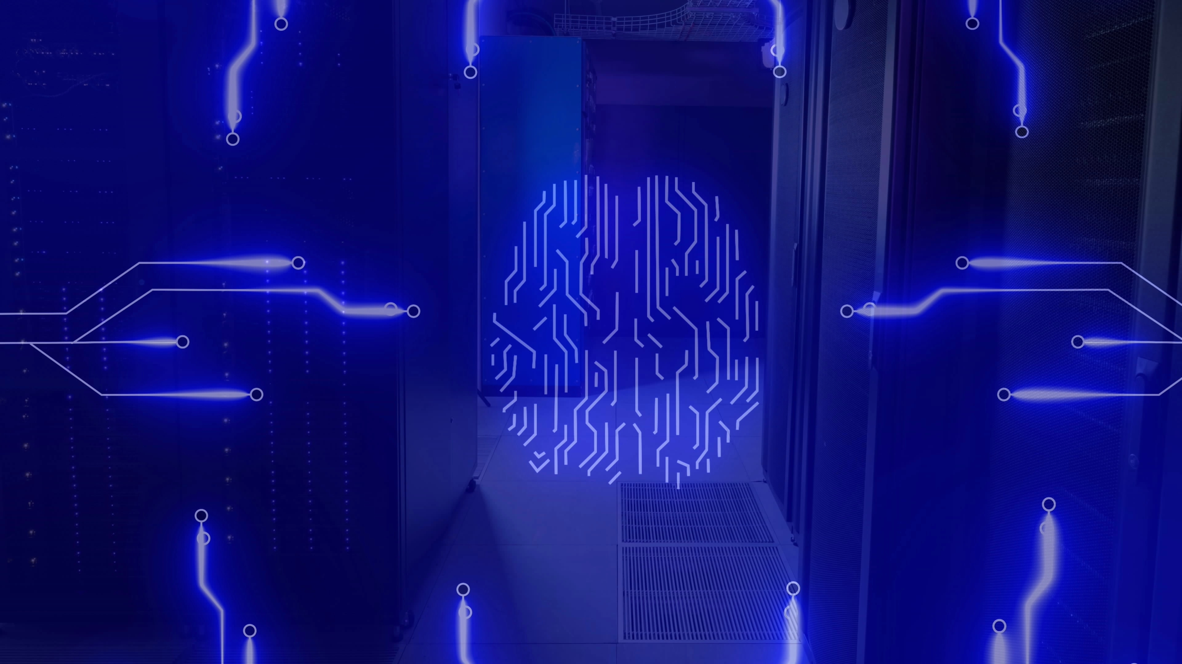 Image of circuit board pattern around brain against server room in background. Digital composite, multiple exposure, artificial intelligence, networking, technology and network server concept.