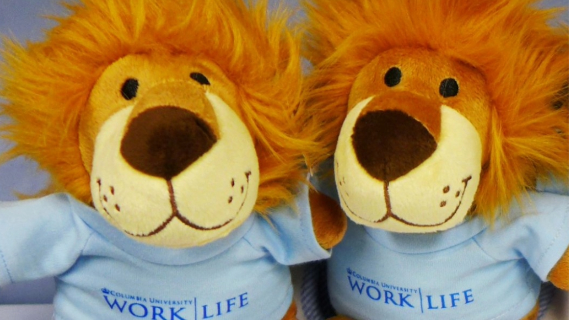 Stuffed lion toys from the Office of Work/Life at Columbia University