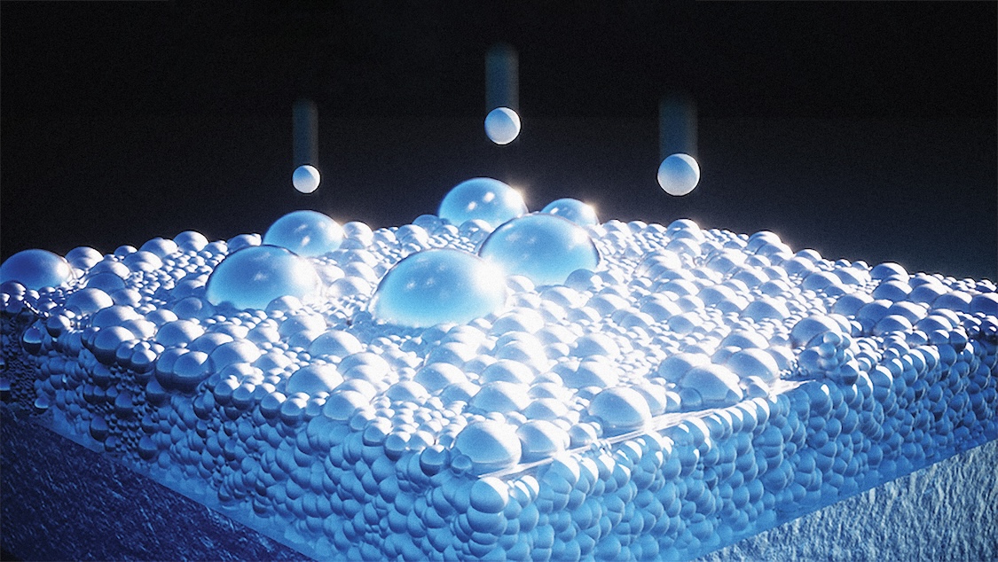 Lithium-ions approaching the solid electrolyte interphase on a lithium metal anode.