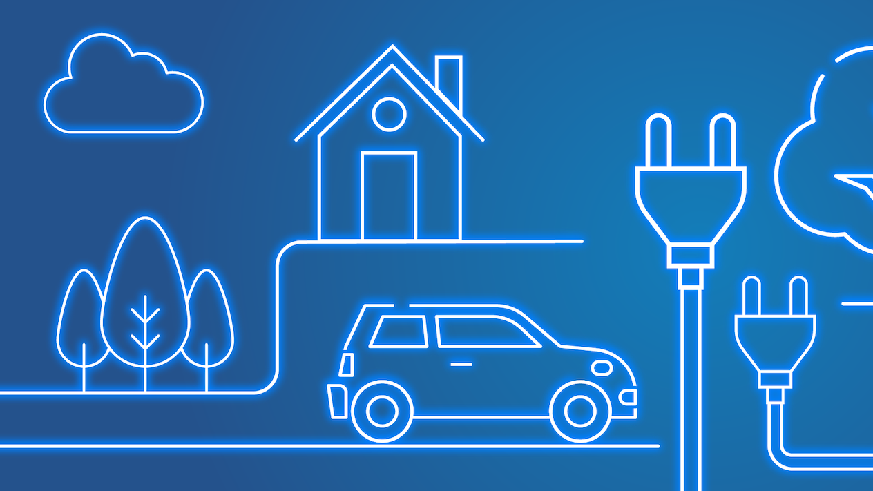 An illustration of trees, a house, and a car next to giant power plugs