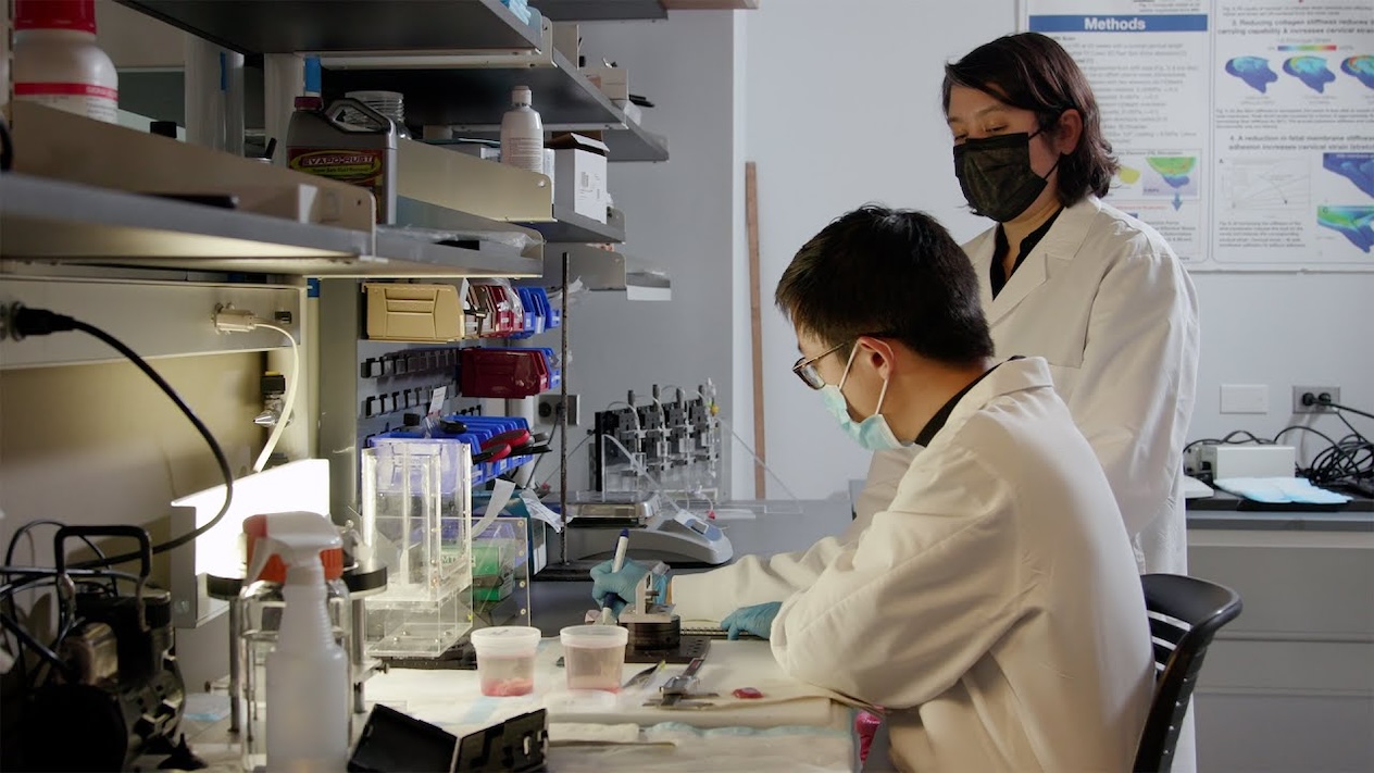 Kristin Myers looking over the shoulder of a researcher in a lab