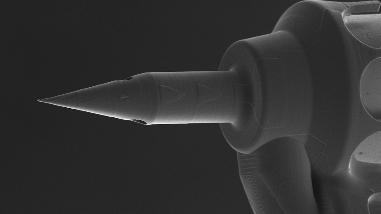 view of sharp needle through electron microscope