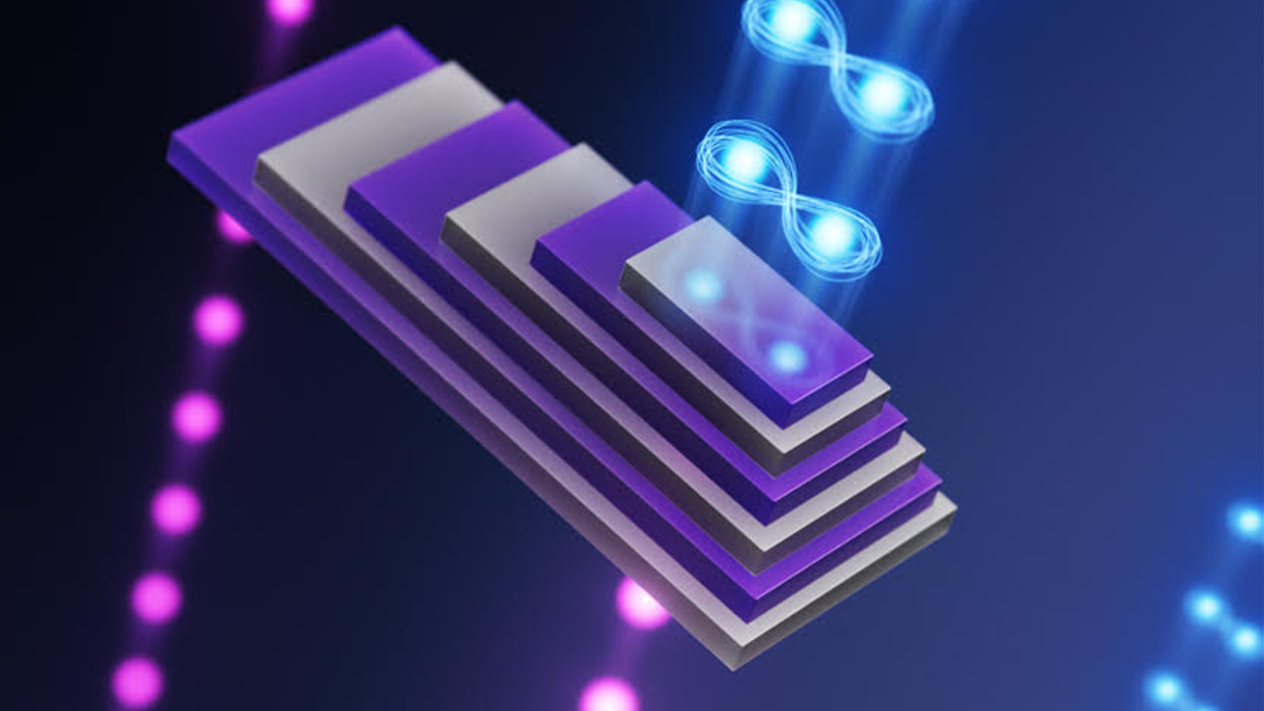 Schematic of entangled photons generated in a periodically poled stack of 3R-MoS2 crystals. 