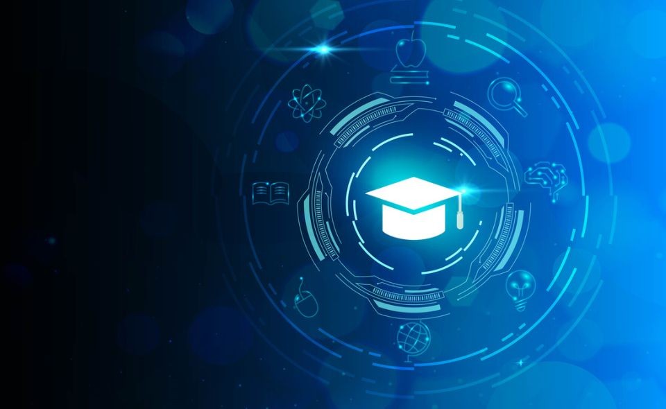 Graphic of a graduation cap surrounded by AI technology material. 