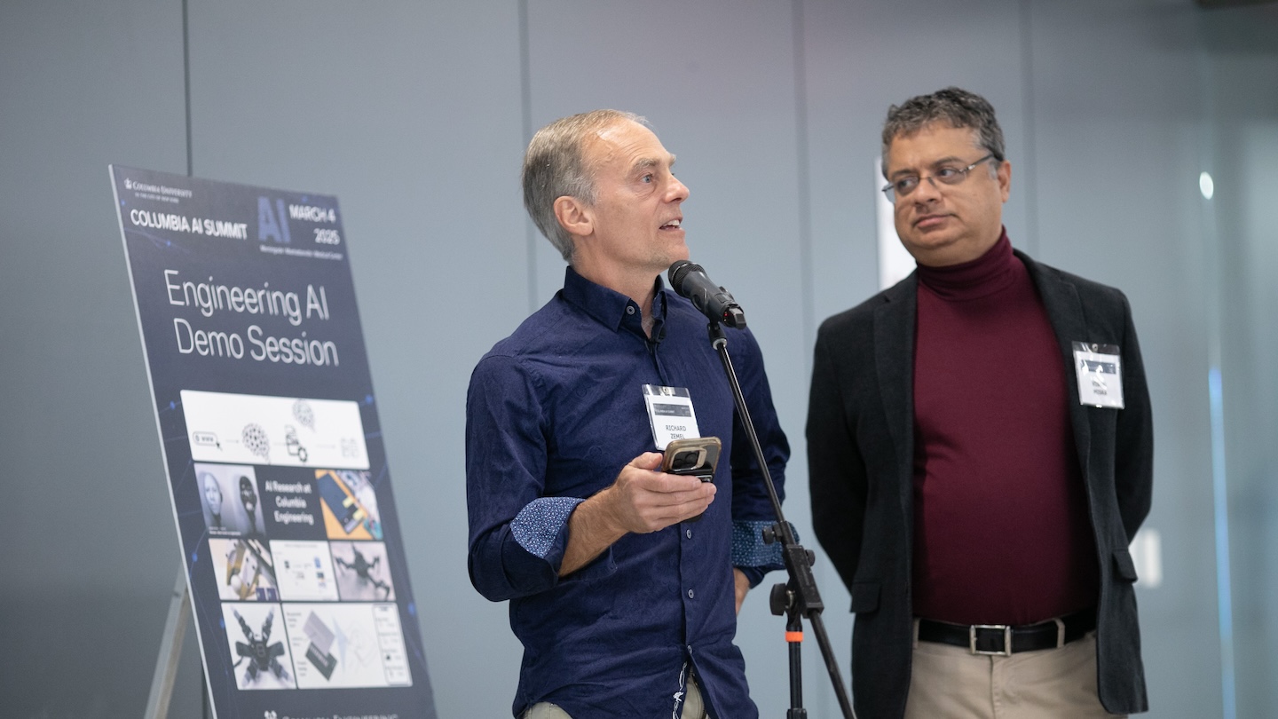 Richard Zemel (left) and Vishal Misra delivered welcome remarks at the AI Demo Session
