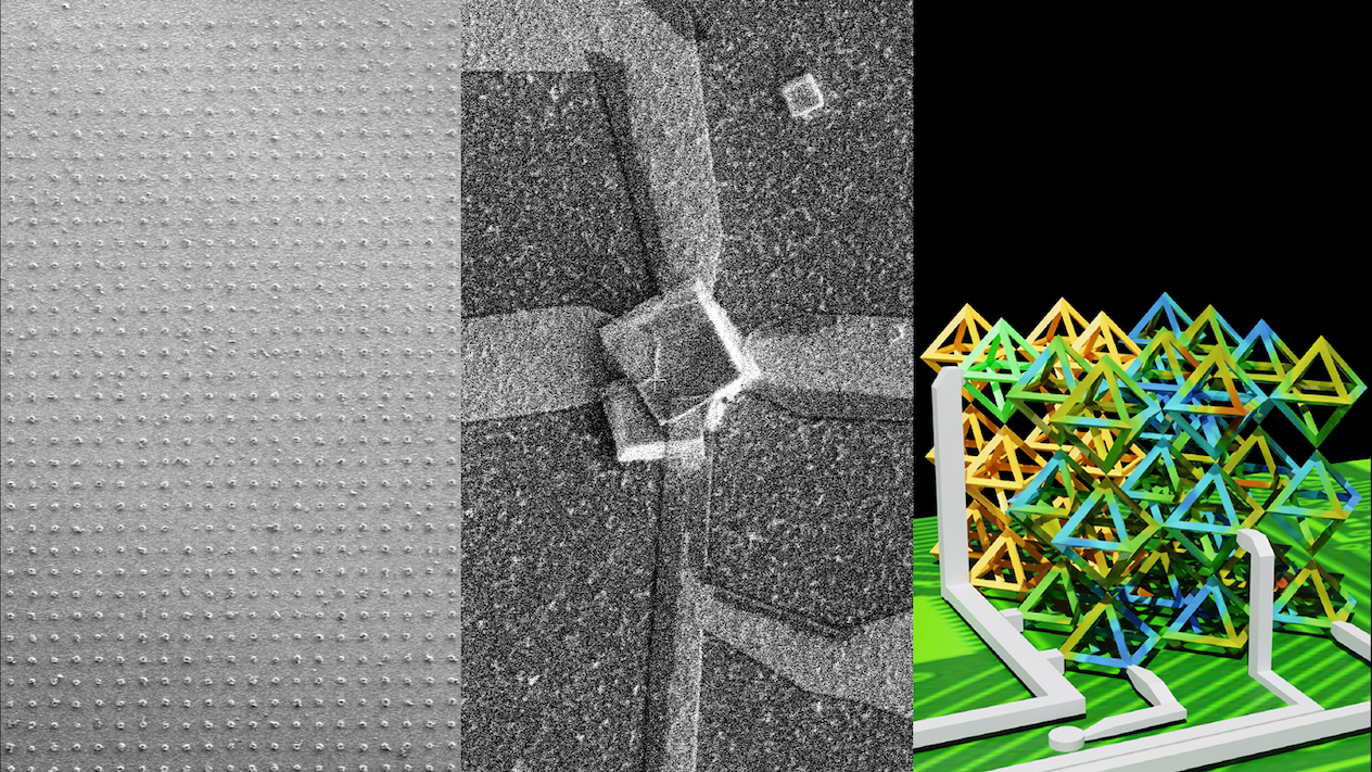 hip-integrated 3D nanostructured device fabricated using DNA self-assembly (Left panel). A DNA crystal is grown at a designated substrate location (about 1000 crystals on 5μm pads are shown on a Right panel), then mineralized to silica and volumetrically templated with a semiconductor material before electrodes are attached (Center panel).