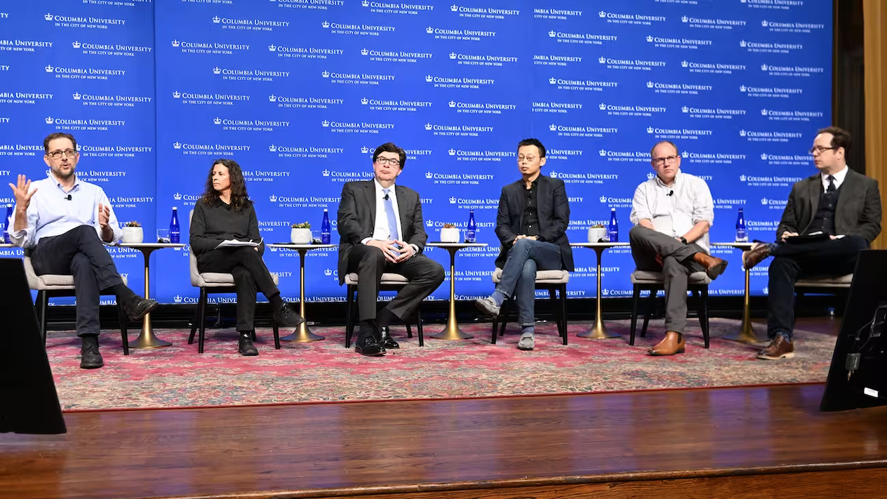 Panelists Adam Sobel, Jessica Fanzo, George Deodatis, Bolun Xu, Dustin Rubenstein, and Michael Puma sitting on stage