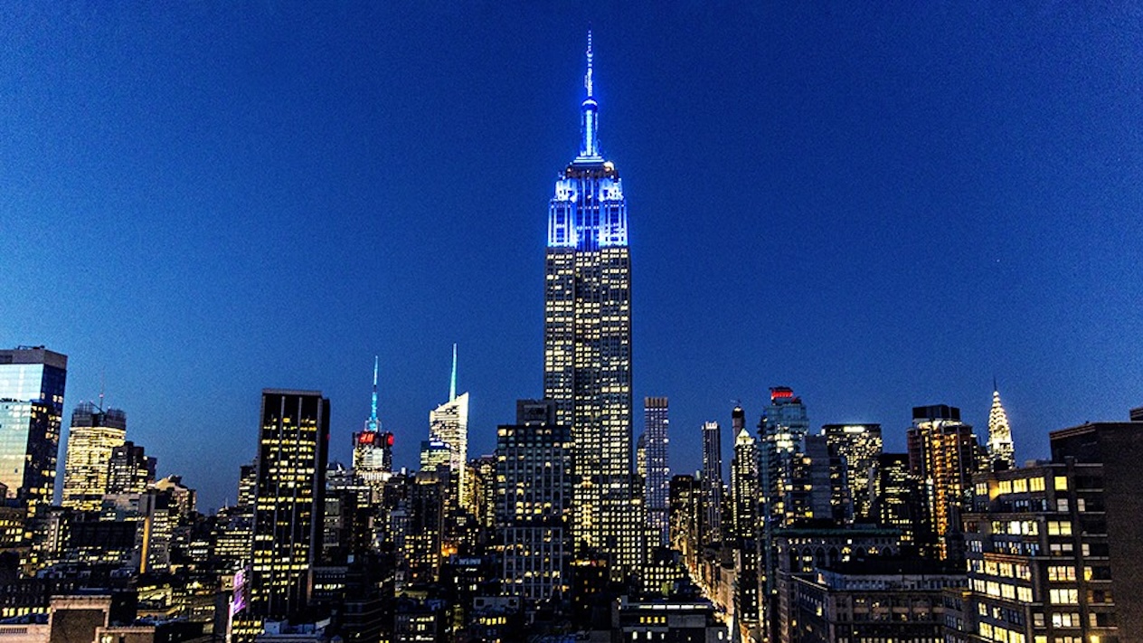 The Empire State Building, illuminated blue for Columbia graduates