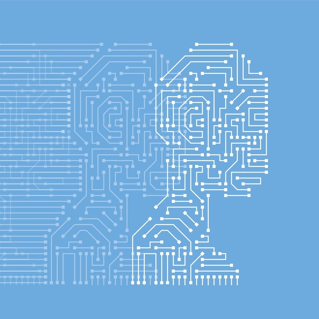 An illustration of a human head made from circuitry