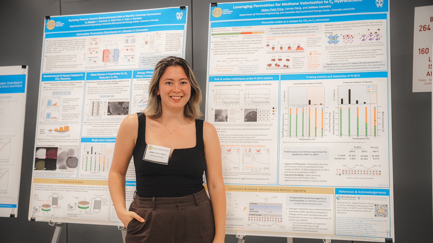 research presenter standing next to their posters