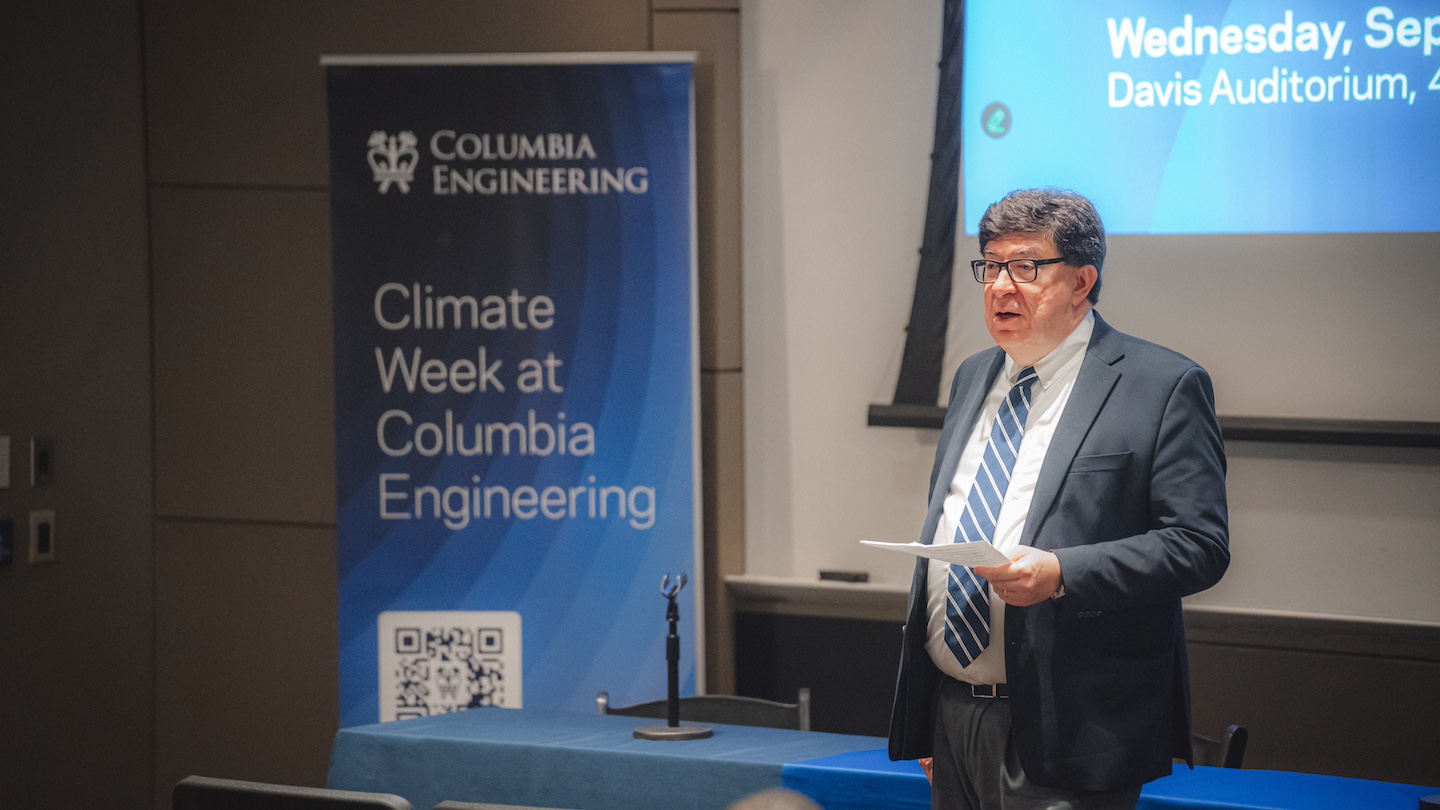 speaker giving presentation at climate week at columbia engineering