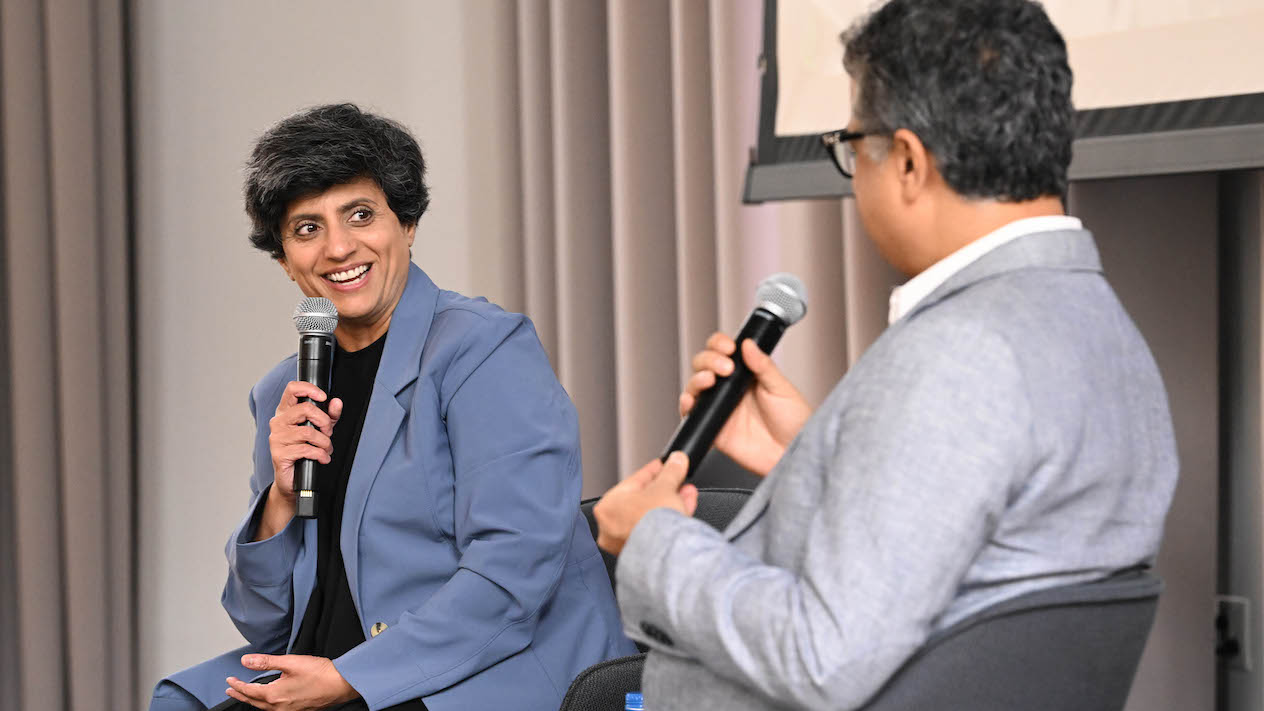 Keynote speaker Priya Narasimhan, professor at Carnegie Mellon and CEO at YinzCam, talks with Vishal Misra, vice dean of computing and AI at Columbia Engineering