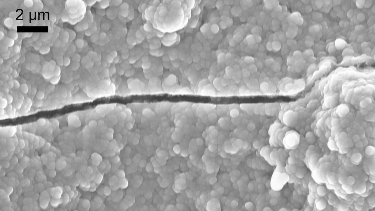 Esposito’s team developed a method for plugging nanoscopic holes such as this one, which is a fraction of the width of a human hair.