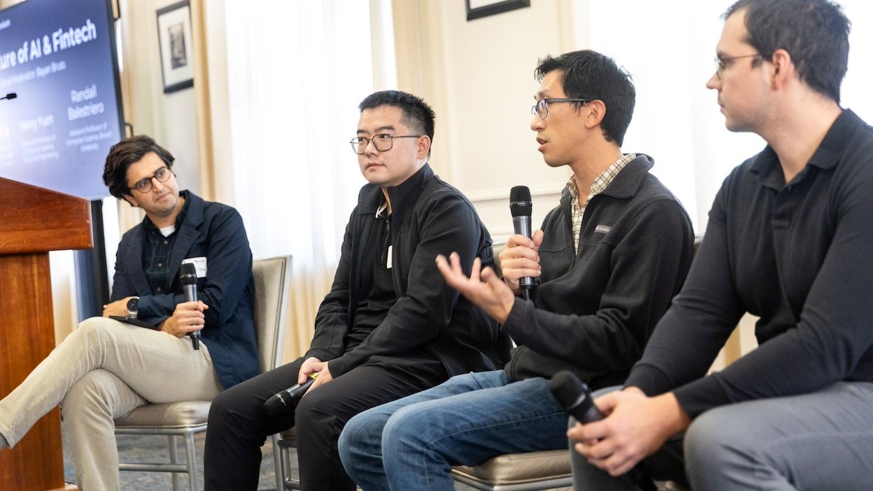 (far left) Bayan Bruss, VP, Applied AI Research at Capital One, (second on the left) Atlas Wang, associate professor of electrical and computer engineering, UT Austin, (second to right) Henry Yuen, Srivani Family Associate Professor of Computer Science, Columbia Engineering, (far right) Randall Balestriero, assistant professor of computer science, Brown University