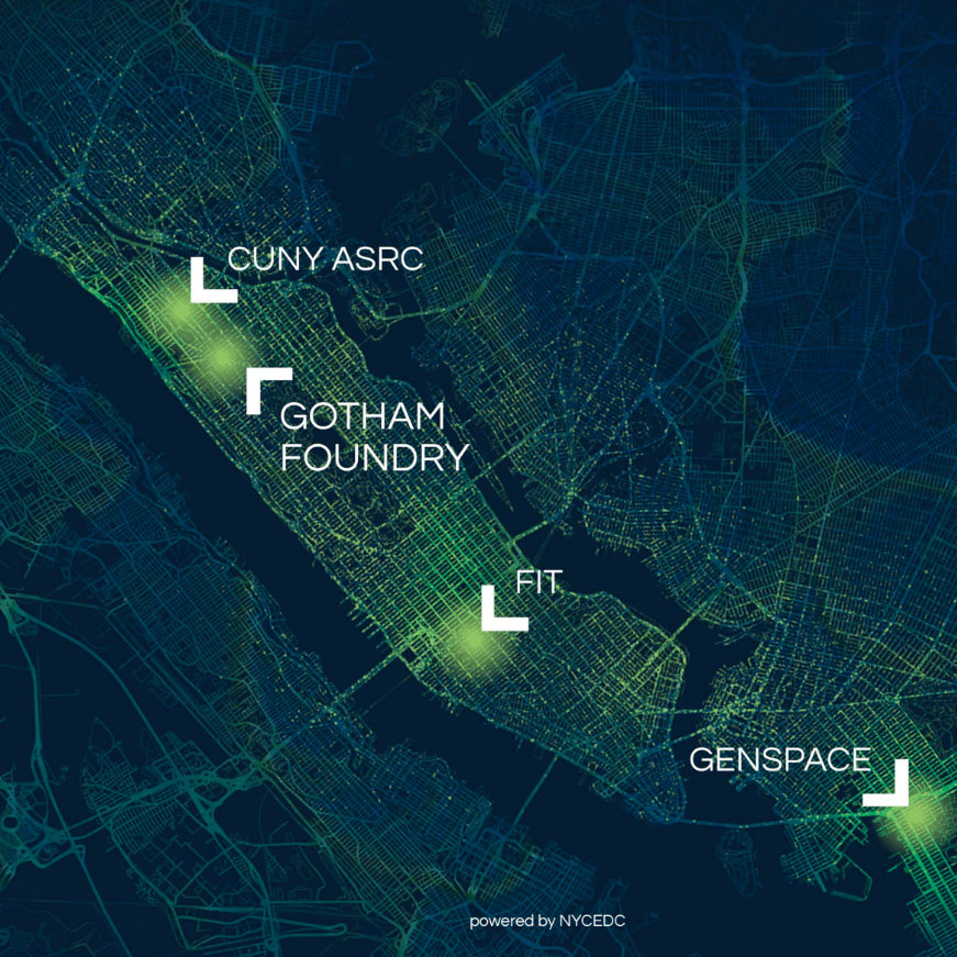 A satellite view of Manhattan and the surrounding boroughs glowing green. Text reads "CUNY ASRC, GOTHAM FOUNDRY, FIT, GENSPACE, powered by NYCEDC"