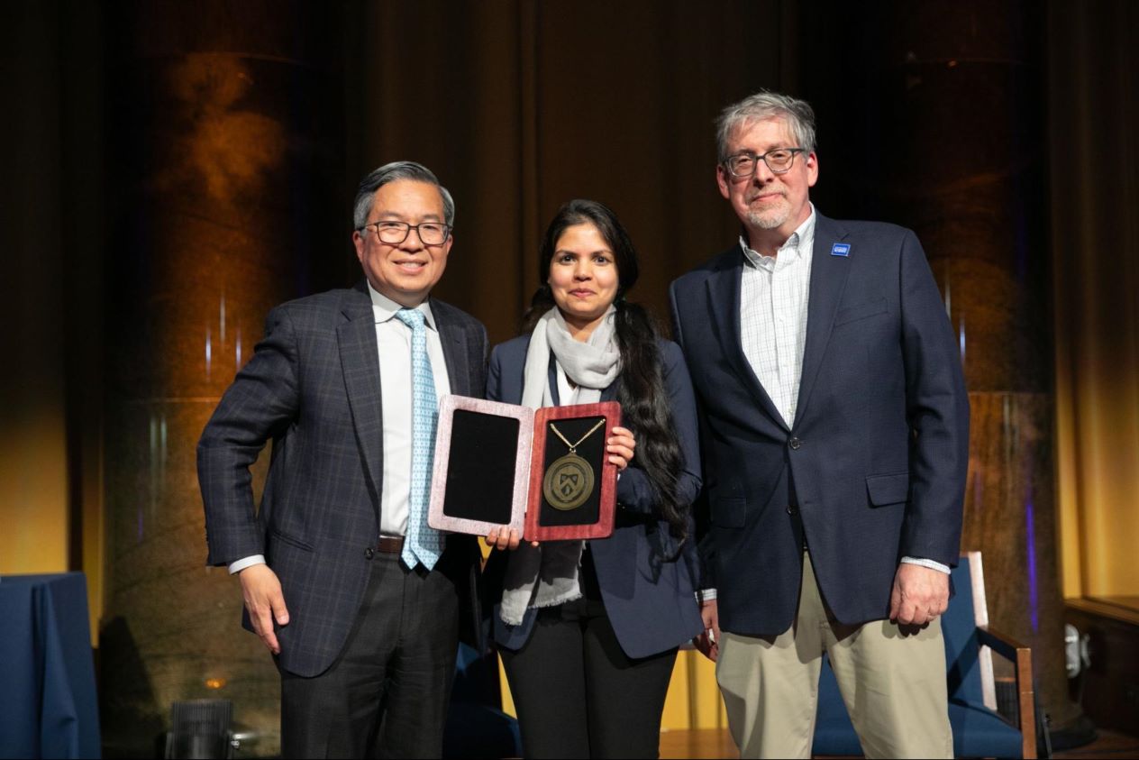 Left to right: Shih-Fu Chang, Greeshma Gadikota, Senior Vice Dean of the Columbia Climate School Jeff Shaman