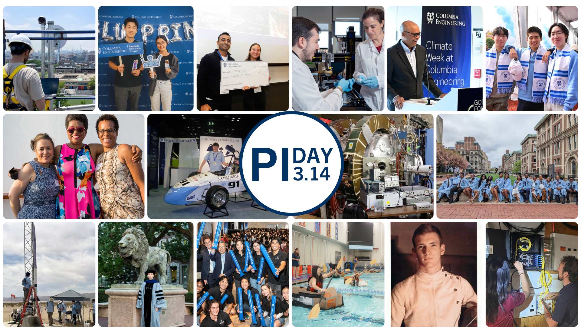 Collage of engineering events, graduation, and the Pi Day logo