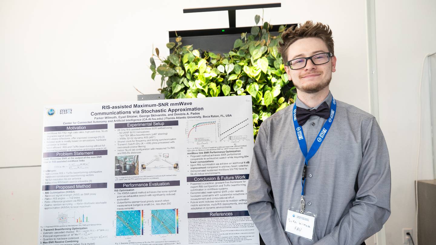 A person posing for a photo in front of a research poster. The poster title reads "RIS-assisted Maximum-SNR mmWave Communications via Stochastic Approximation"