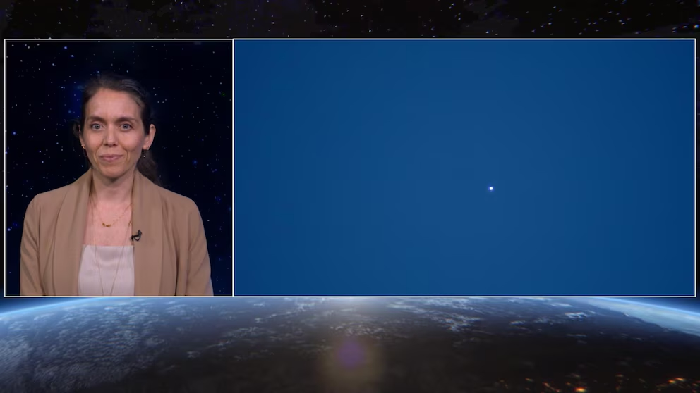 Split-screen graphic: on the left, a female presenter speaks against a starry space backdrop; on the right, a blue sky with a small bright dot representing the Artemis II rocket launching. Earth’s curved horizon spans the bottom of the image.