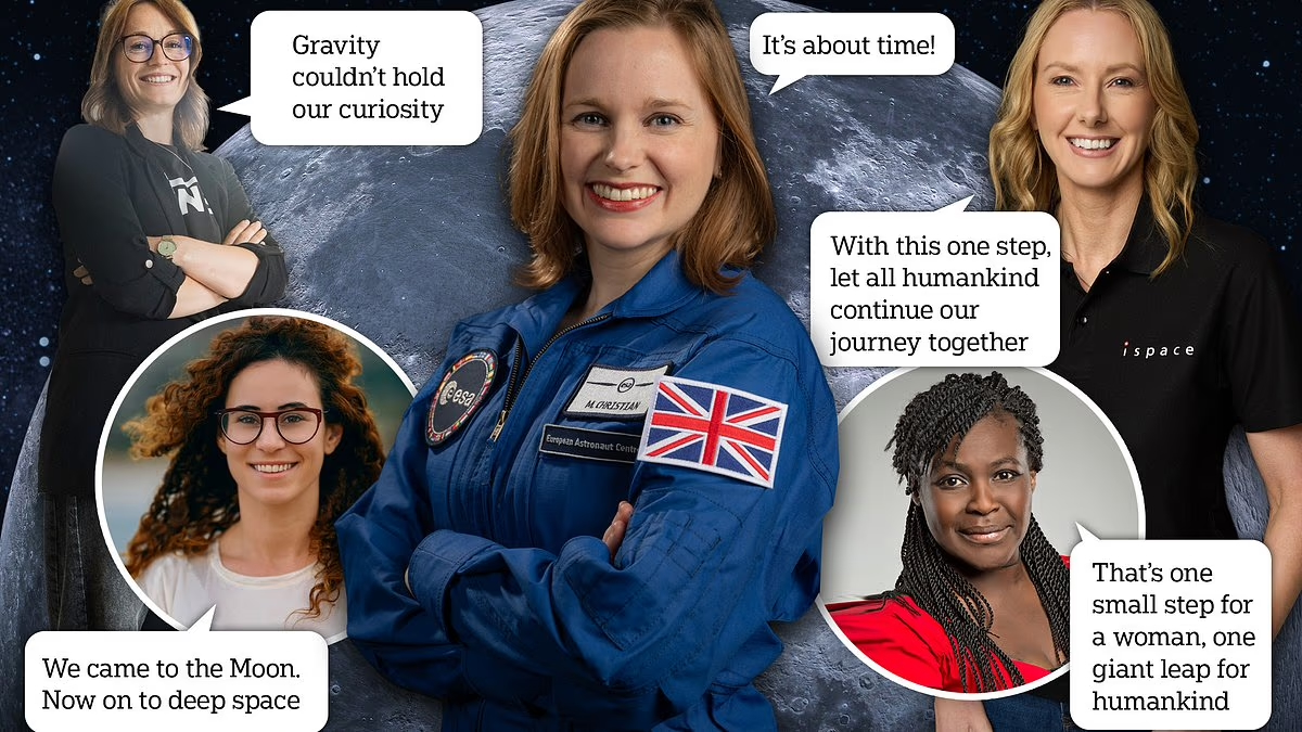 Collage of five women posed in front of the Moon, with the central figure wearing a blue astronaut suit featuring a UK flag patch. Comic-style speech bubbles around them read: “Gravity couldn’t hold our curiosity,” “It’s about time!,” “With this one step, let all humankind continue our journey together,” “We came to the Moon. Now on to deep space,” and “That’s one small step for a woman, one giant leap for humankind.”