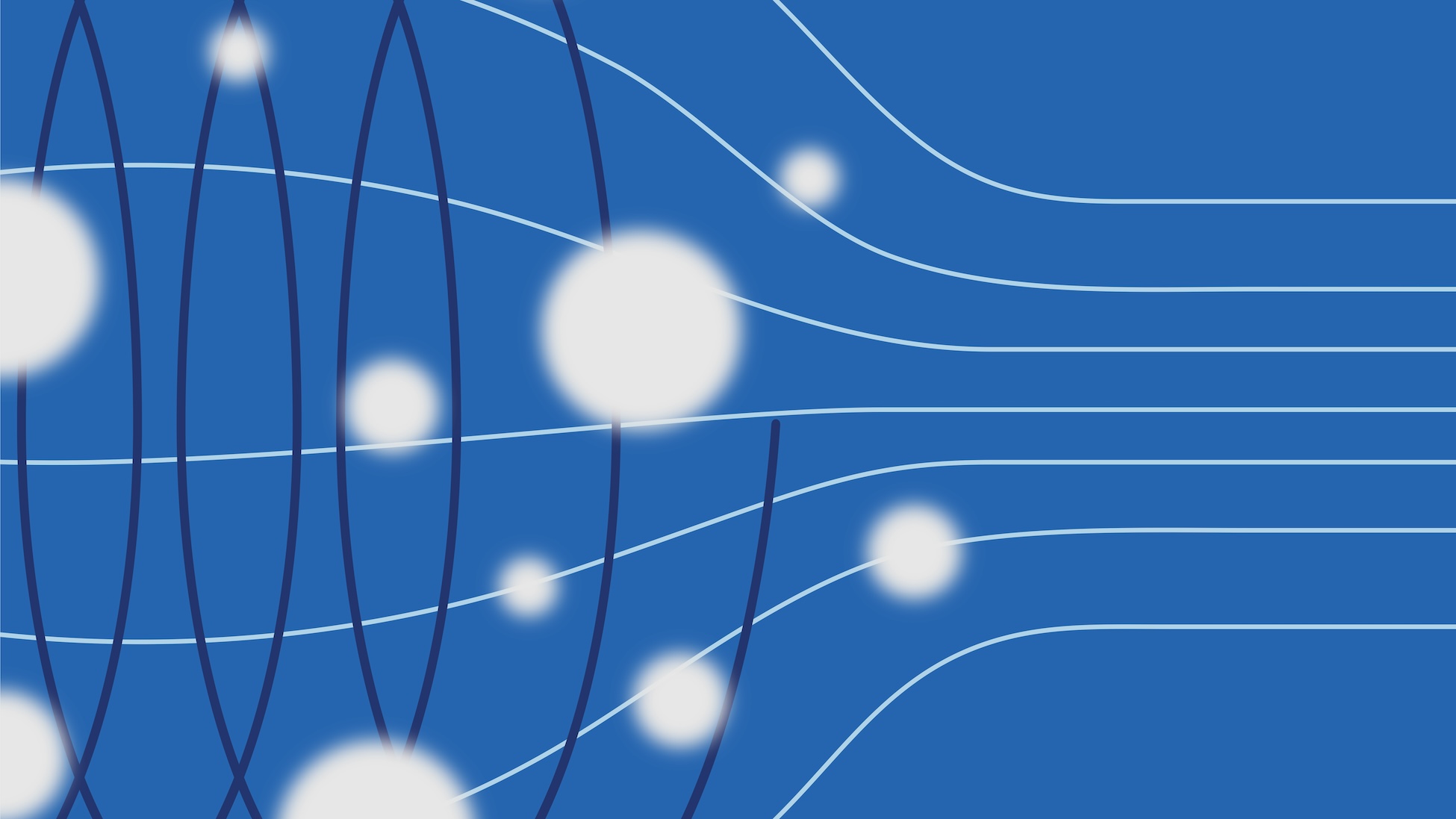 Deep blue background with flowing white contour lines, partial dark blue oval loops on the left, and soft glowing white dots.