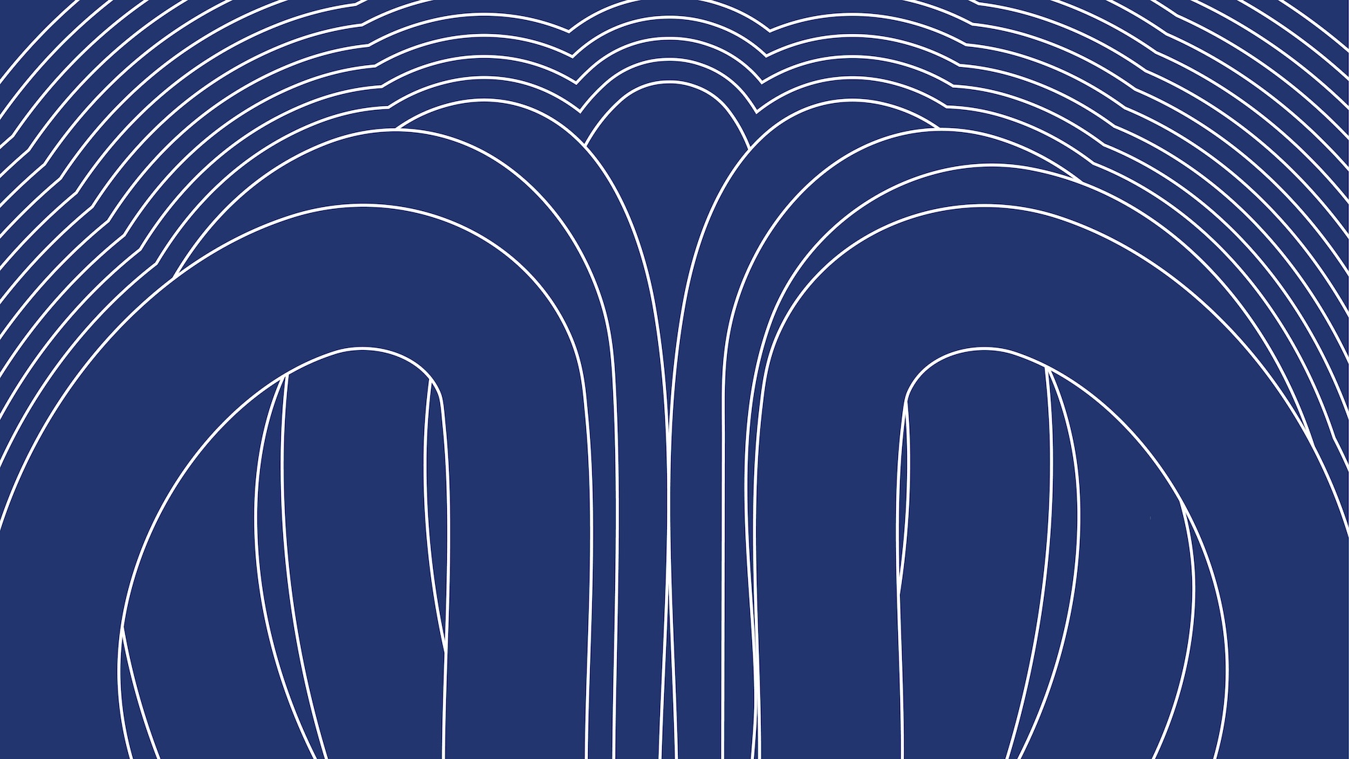 Dark navy abstract design with symmetrical white contour lines forming mirrored arch shapes and nested curves.