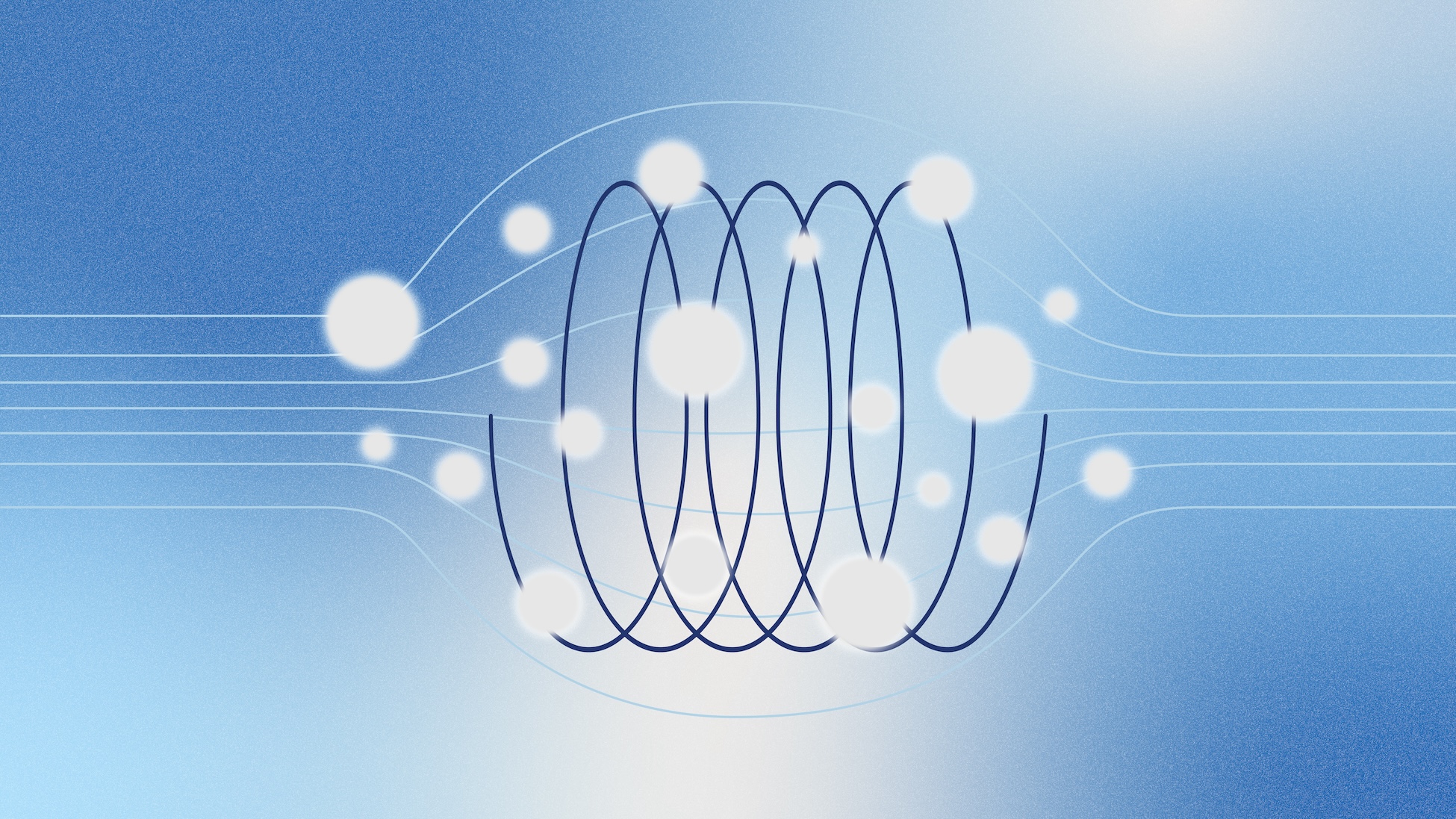 Light blue gradient with thin horizontal lines, a central dark blue coil shape, and multiple glowing white circles clustered around it.