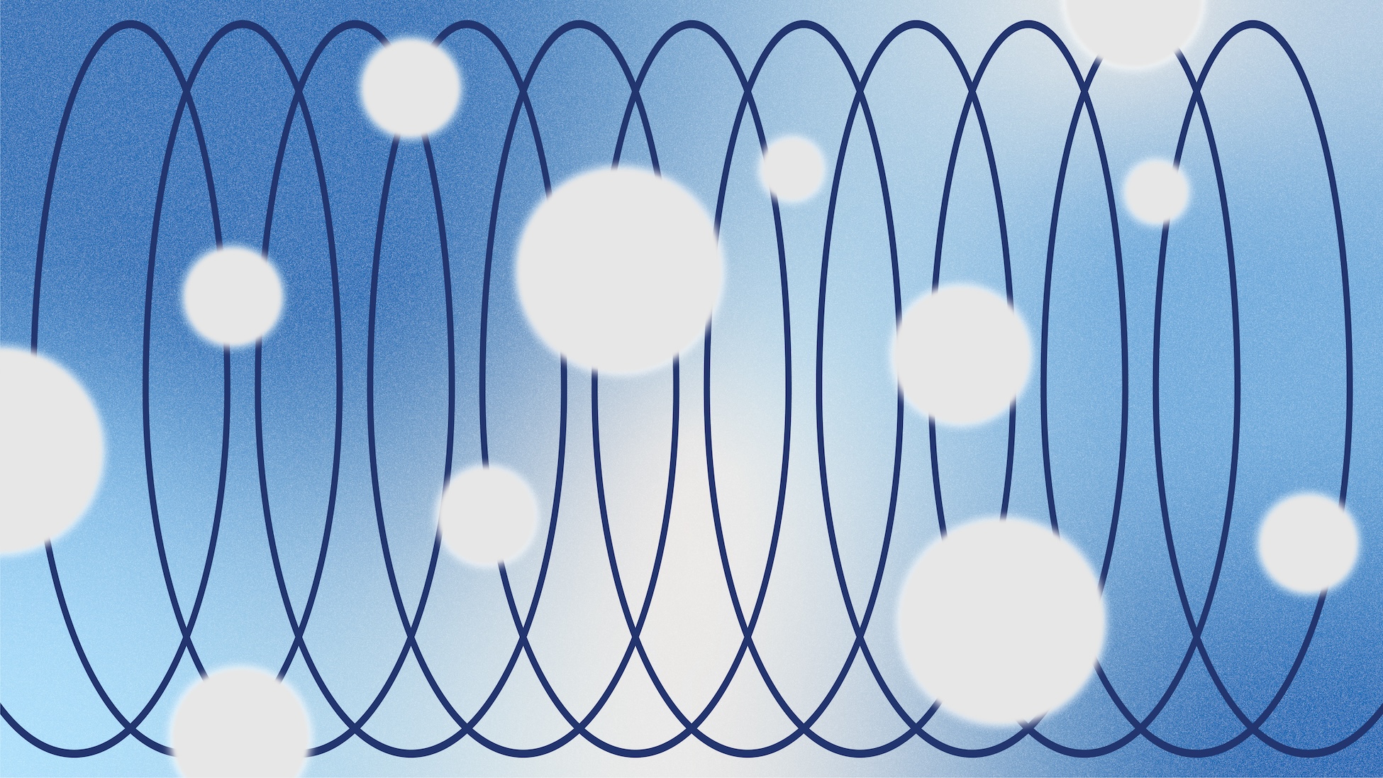  Blue abstract field with looping dark blue wave/coil lines and scattered glowing white circles.