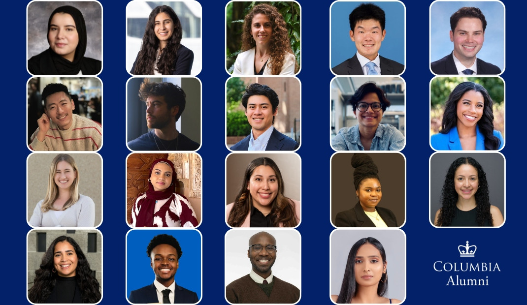 A collage of headshots on a blue background. A Columbia University logo reading "Columbia Alumni" is in the bottom right hand corner.