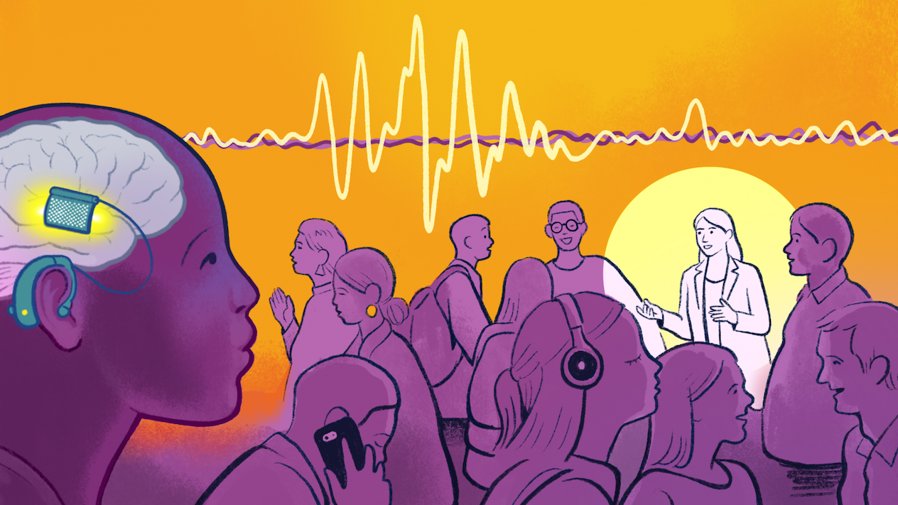 Illustration of a busy crowd in purple tones against an orange background. At left, a profile of a person’s head shows a brain with a glowing device/implant near the temple connected to an earpiece; above the crowd, a wavy signal line runs across the sky. On the right, a woman in a white coat speaks to a small group in front of a bright yellow circle, while others wear headphones or look at a phone.