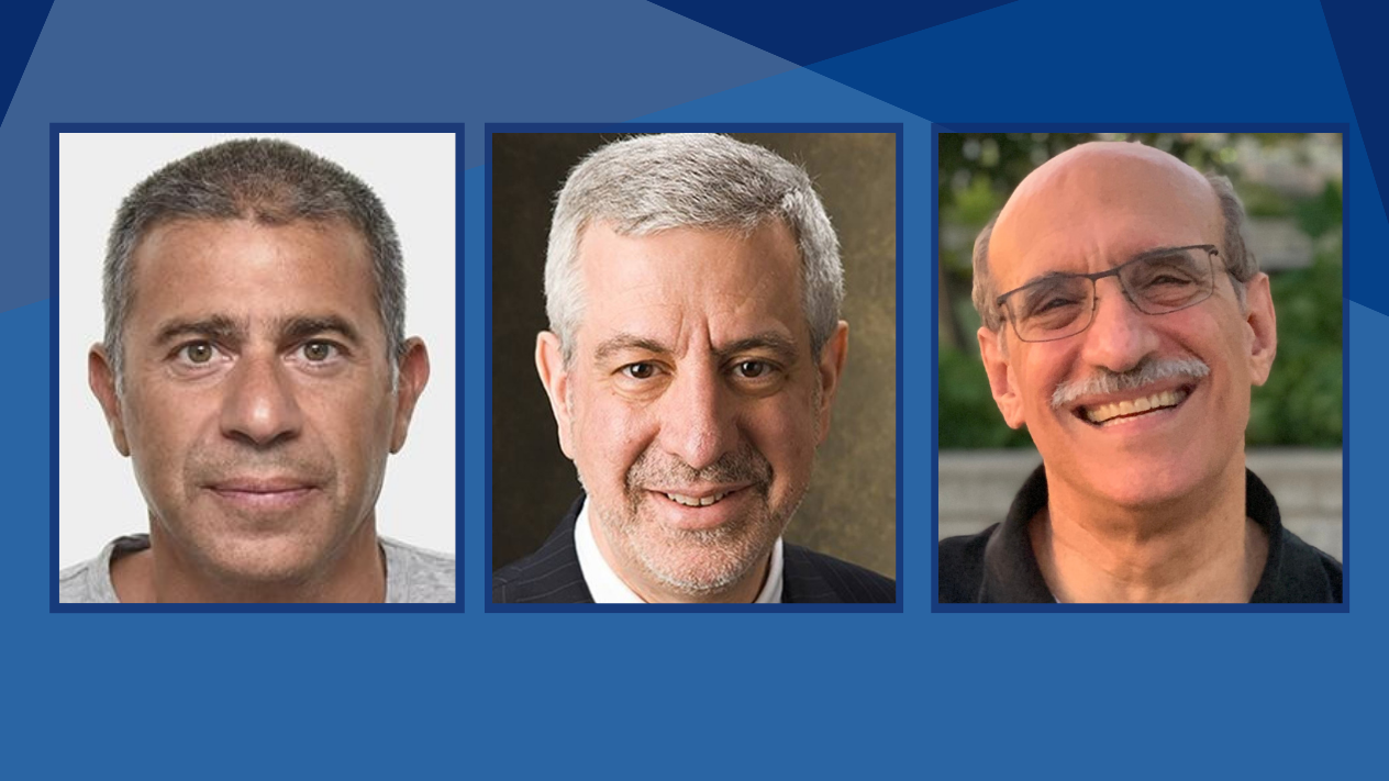 Three side-by-side headshots on a blue geometric background.