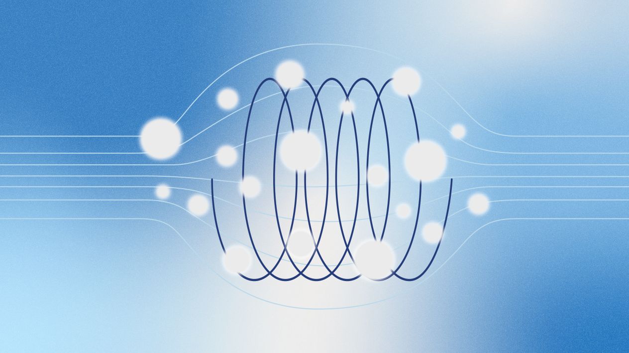 Dark blue looping lines with glowing white orbs on a light blue and white abstract background.