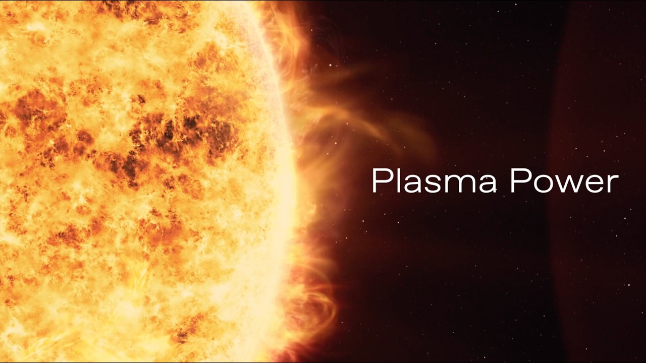 Close up of the sun in space with the text "Plasma Power"