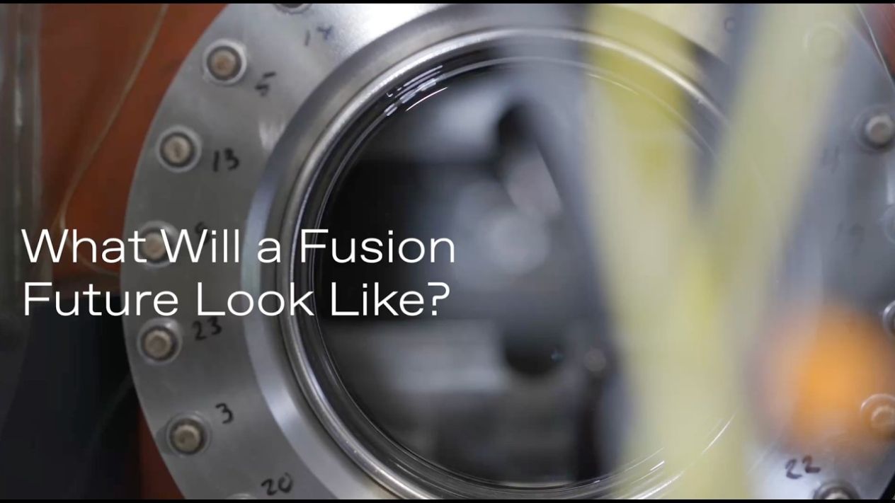 Close-up of circular laboratory equipment with the text “What Will a Fusion Future Look Like?”