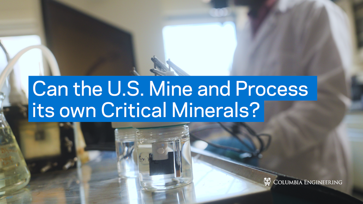 "Can the U.S. Mine and Process its own Critical Minerals?” text over a laboratory scene with a glass container and a blurred researcher